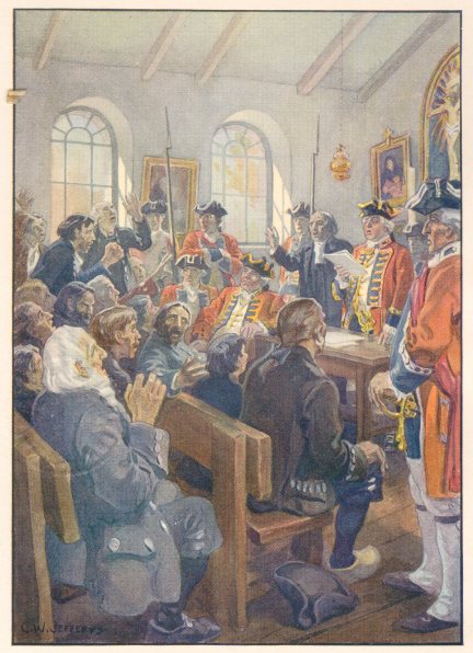 Deportation of Acadians order, read by Winslow in Grand-Pré church, painting by C.W. Jefferys